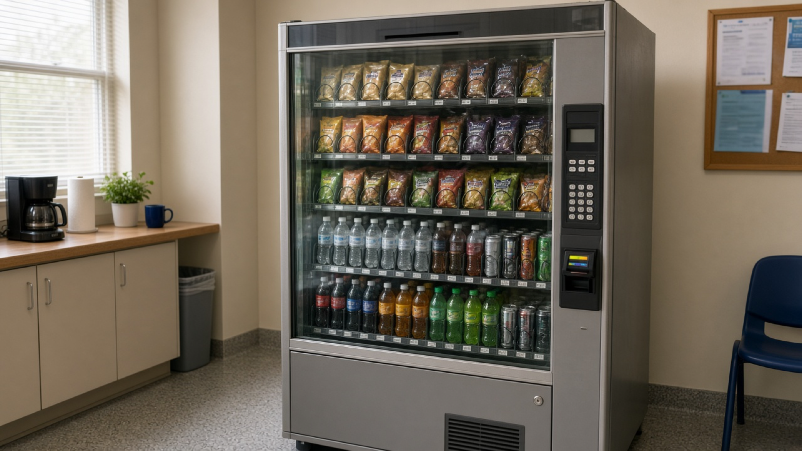 Daylight photo of a vending machine in a break room